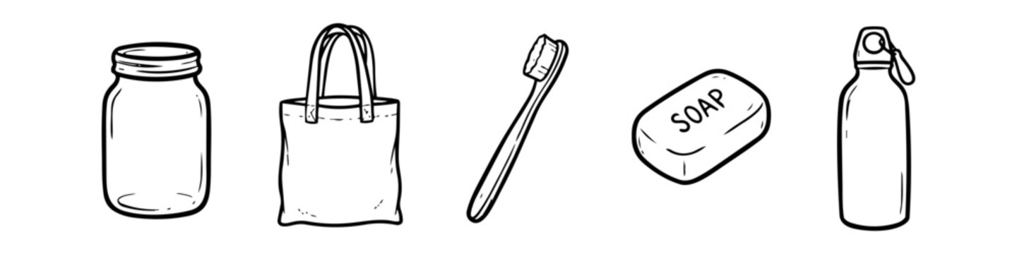 Hand-drawn minimalist line art icons for a zero waste lifestyle featuring a glass jar, reusable tote bag, bamboo toothbrush, soap bar, and water bottle. Clean black and white vector illustration.