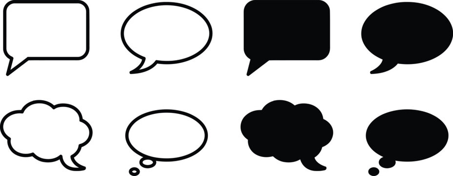 Varied speech and thought bubble icons in black and white styles
