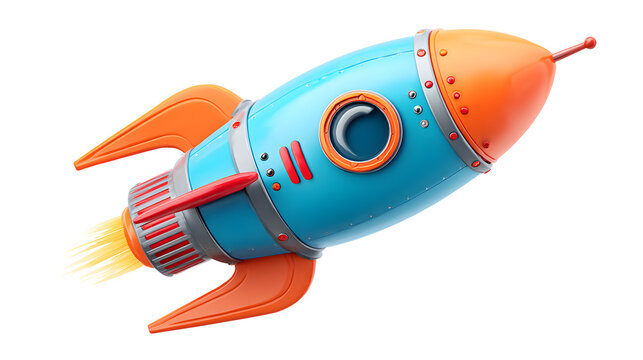 Cartoon rocket ship, playful space and kids learning concept isolated on white background