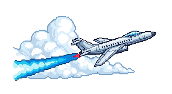 Pixel Art Jet Airplane Soaring Through Clouds.