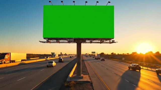 Vast blank green screen billboard overlooking a bustling multi-lane highway at golden hour, offering prime space for customizable advertising campaigns and impactful brand messaging