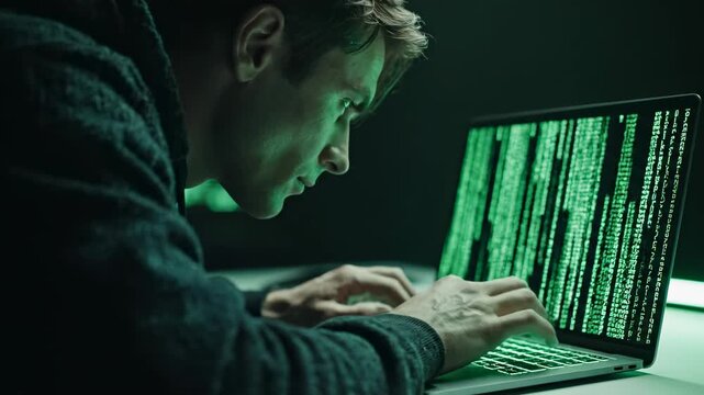 A showing a person working on a laptop with green code on the screen in a dark room, illustrating a scene of cybercrime and hacking.