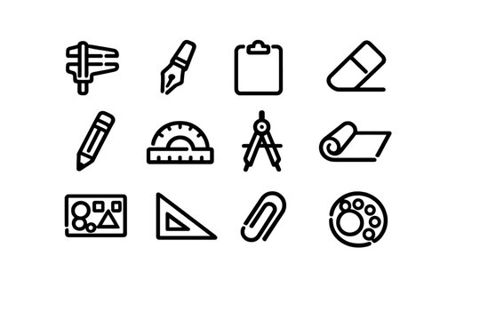 Drafting and drawing tools icon set featuring a caliper, pencil
