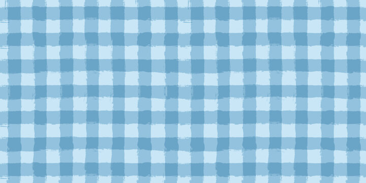 Watercolor gingham vector pattern, baby blue plaid seamless background, checkered grunge stripes, paintbrush lines