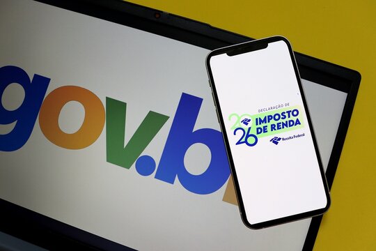 Salvador, Brazil - March 24, 2026: Logo of Brazil Income Tax Declaration 2026 (Declara&ccedil;&atilde;o do Imposto de Renda - Receita Federal) displayed with Gov.br logo. 