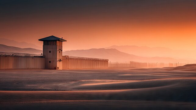 Isolated Supermax Prison Facility Surrounded by Desert Landscape at Dusk