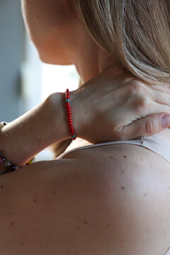 Woman Suffering from Neck and Upper Back Pain, Close Up. Poor Posture, Scoliosis concept