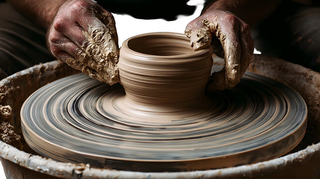 Clay pot forming on pottery wheel, ceramic art and craftsmanship process, isolated on white background