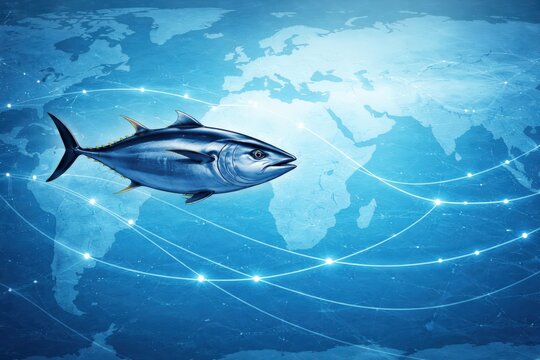 Tuna fish swimming over a global ocean map with connecting lines. World Tuna Day concept highlighting sustainable fishing, marine conservation and international seafood trade
