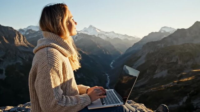 A young woman is diligently working remotely using her laptop while perched on the edge of a mountain cliff, enjoying a breathtaking valley view and embracing the inspiring work and travel