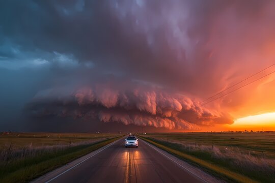 Storm chasing concept with a storm and storm chasing vehicle
