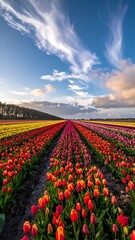 Fototapeta premium Tulip field in full bloom, rows of vibrant colors under a partly cloudy sky at dawn