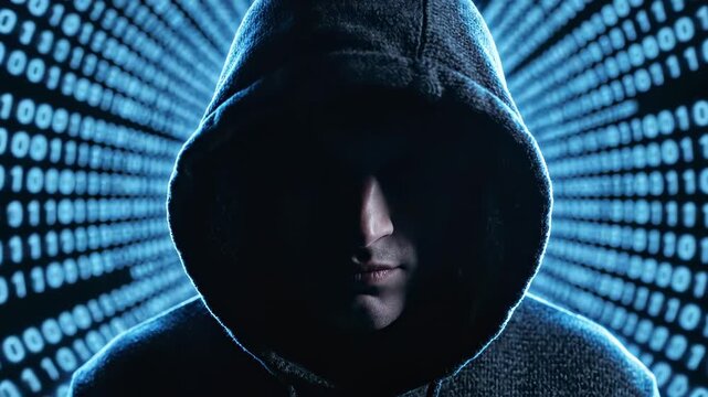 This content depicts a hooded figure in a dark setting with a backdrop of blue binary code, symbolizing cybercrime and digital anonymity.