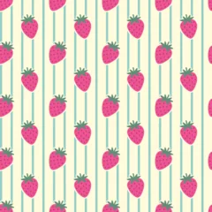 Fototapete Der Raum Muster  Pink strawberries on blue geometric stripes seamles pattern  © khalaziy