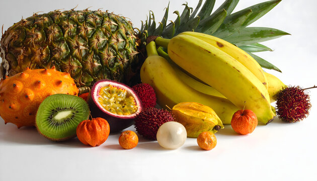Exotic Fruits Assortment Pineapple Banana Passion Fruit White