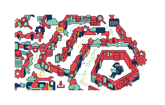 Abstract illustration of complex digital processes and IT infrastructure challenges