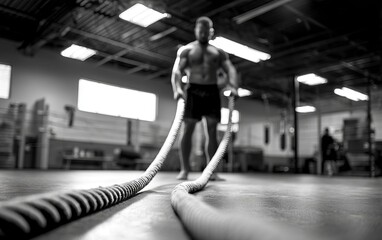 Obraz premium Intense Male Wrestler Training with Thick Ropes in Cinematic Gym Setting