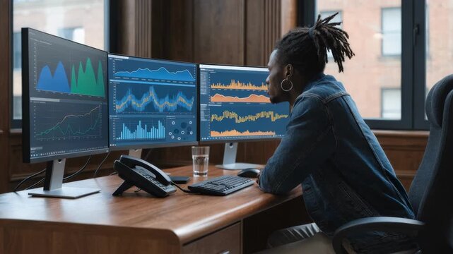 Focused view of a risk analyst supervising machine learning outputs during model validation concentrating on primary screen data with secondary displays gently blurred.