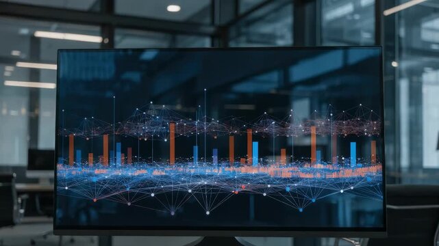 Medium shot of a credit risk reporting dashboard on a large screen displaying portfolio exposure metrics with a sharp focus and blurred surroundings.