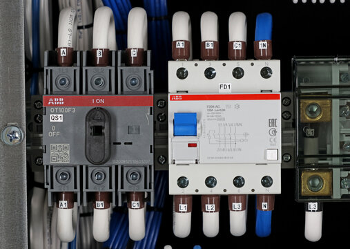Circuit breakers from ABB to protect electrical loads from short-circuiting. Installed in the electrical control panel. 