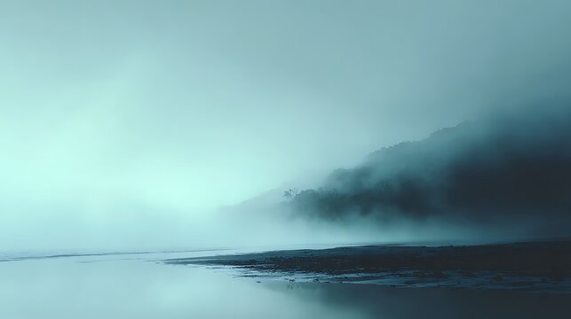 Mysterious mystical fog over mountain river, spooky background
