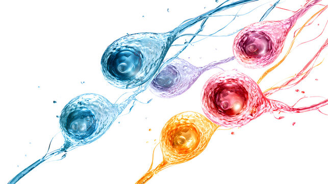 Colorful sperm cells PNG separately isolated on transparent background, blue pink and yellow gametes for fertility and reproductive health concepts