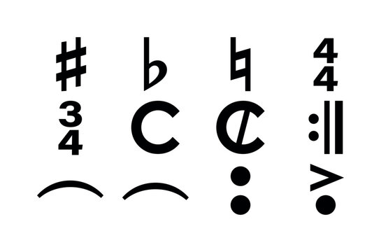 Collection of musical notation symbols and time signatures on a white background