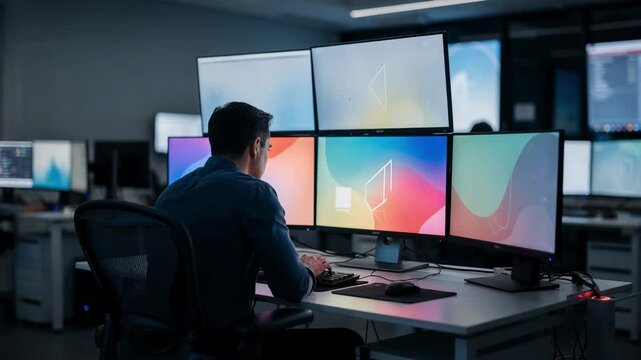 Staff member conducting routine system health checks on vibrant screens in payment clearing control hub other workstations fade into the background.