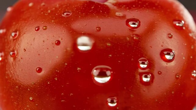 Red fresh tomato close up with water droplet showing natural shine, vibrant red texture and moisture enhancing fresh surface in detailed macro photography composition
