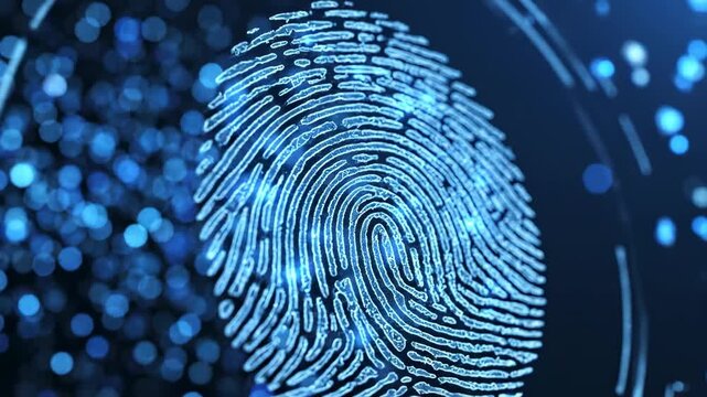 This content displays a futuristic digital representation of a fingerprint, set against a blue background with digital elements, often used in crime investigations and forensic science for