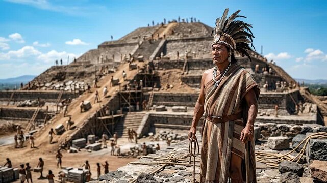 Proud Aztec priest or noble in feathered headdress standing before massive Teotihuacan pyramid under construction with organized workers showing pre-Columbian urban ambition