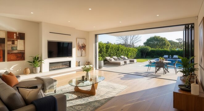 Modern Luxury Living Room Opens To Sun Drenched Poolside Oasis