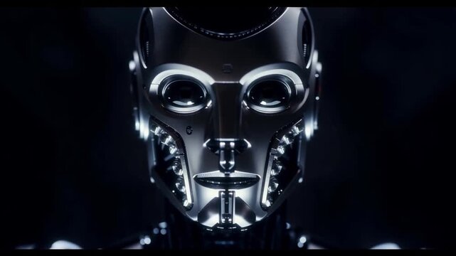 Futuristic robot face with metallic surface and glowing eyes in dark background showcasing advanced artificial technology and machine design with cybernetic sci fi android features