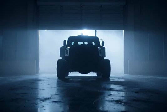 Massive heavy-duty truck silhouette appearing from dimly lit industrial garage entrance, bright outdoor haze.