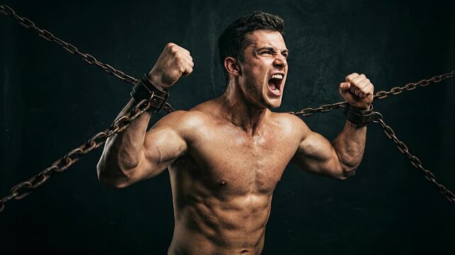 Muscular shirtless man breaking metal chains with intense expression showing strength power and freedom against dark dramatic studio background