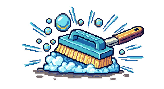 A cleaning brush with bristles and a handle submerged in soap suds and bubbles.