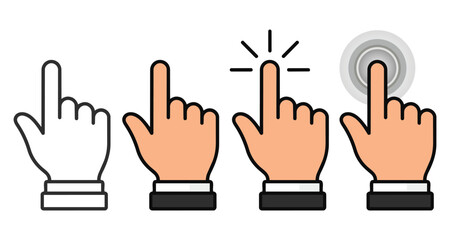 Fototapeta premium Set of four flat design hand pointer cursor icons including outline, color, and clicking animation styles for UI/UX web design isolated on white background