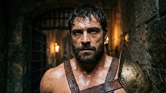 Intense bearded gladiator warrior standing shirtless in ancient stone dungeon before battle with fierce determined expression showing psychological tension and inner strength