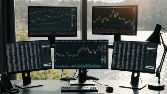 Medium shot of a digital trading workstation in daylight showcasing multiple monitors with live charts watchlists and order entry windows in sharp focus against a blurred