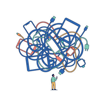 Overwhelmed by tangled electronic cables and devices, a person holds a smartphone