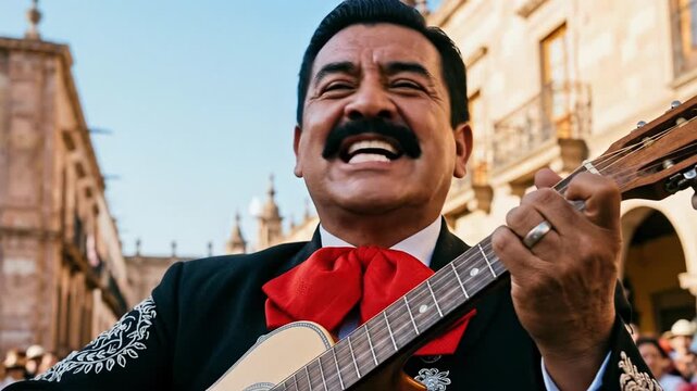 Cheerful mariachi musician playing guitar in traditional charro suit with red tie performing outdoors in historic Mexican city square with colonial architecture background