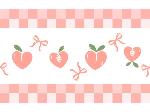 Seamless heart peach pattern with bows and gingham border on pastel background for fabric, wallpaper, wrapping paper and romantic packaging design.