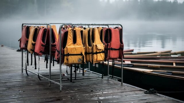 Calm morning scene focused on lifejacket racks beside empty canoes on a quiet waterfront dock with a misty background blurred.