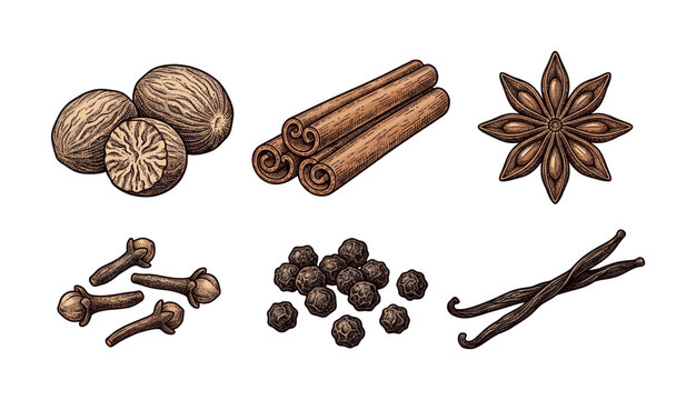 Set of aromatic spices in vintage engraving style. Includes cinnamon, anise, cloves, pepper, nutmeg, vanilla. Vector illustration for menus, packaging, or culinary branding.