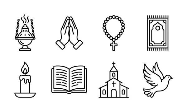 A minimalist set of religious line icons. Features Christian and Islamic faith symbols like a church, praying hands, rosary, bible, and prayer rug for spiritual design.
