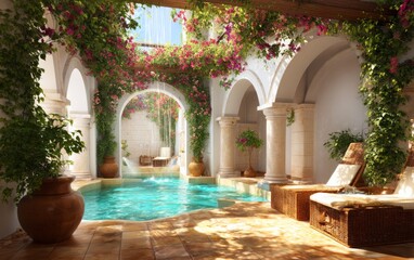 Fototapeta premium Serene Courtyard Spa with Turquoise Tiled Pool and Lush Greenery