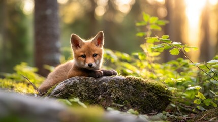 Fototapeta premium Red Fox Cub Resting on Mossy Stone in a Serene Forest Setting