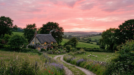 Obraz premium Serene rural landscape with winding dirt road leading to cozy cottage at sunset