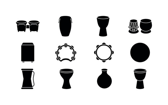 Collection of diverse percussion instrument icons in black and white silhouette