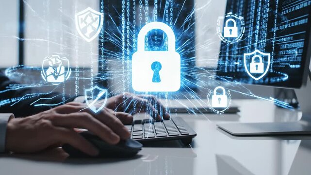 A professional operates a computer with glowing digital cybersecurity shields, padlock icons, and binary code visible on screen and around hands. This highlights advanced AI for robust data
